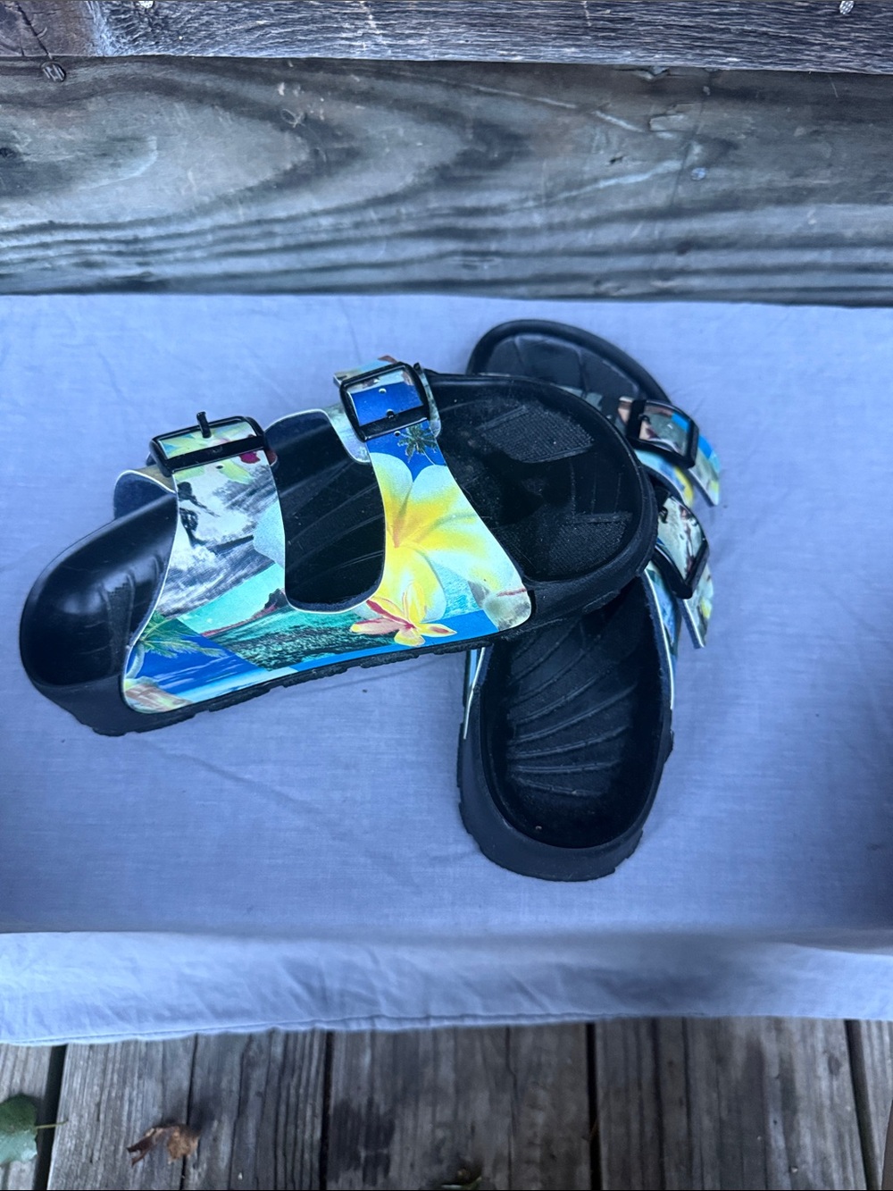 Birkenstock Tropical Floral Double Strap Slide Sandals - Blue/Yellow